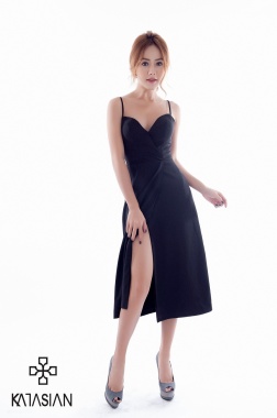 SIDE SLIT BUSTIER-LIKE STRAPPY BELOW KNEE EVENING DRESS